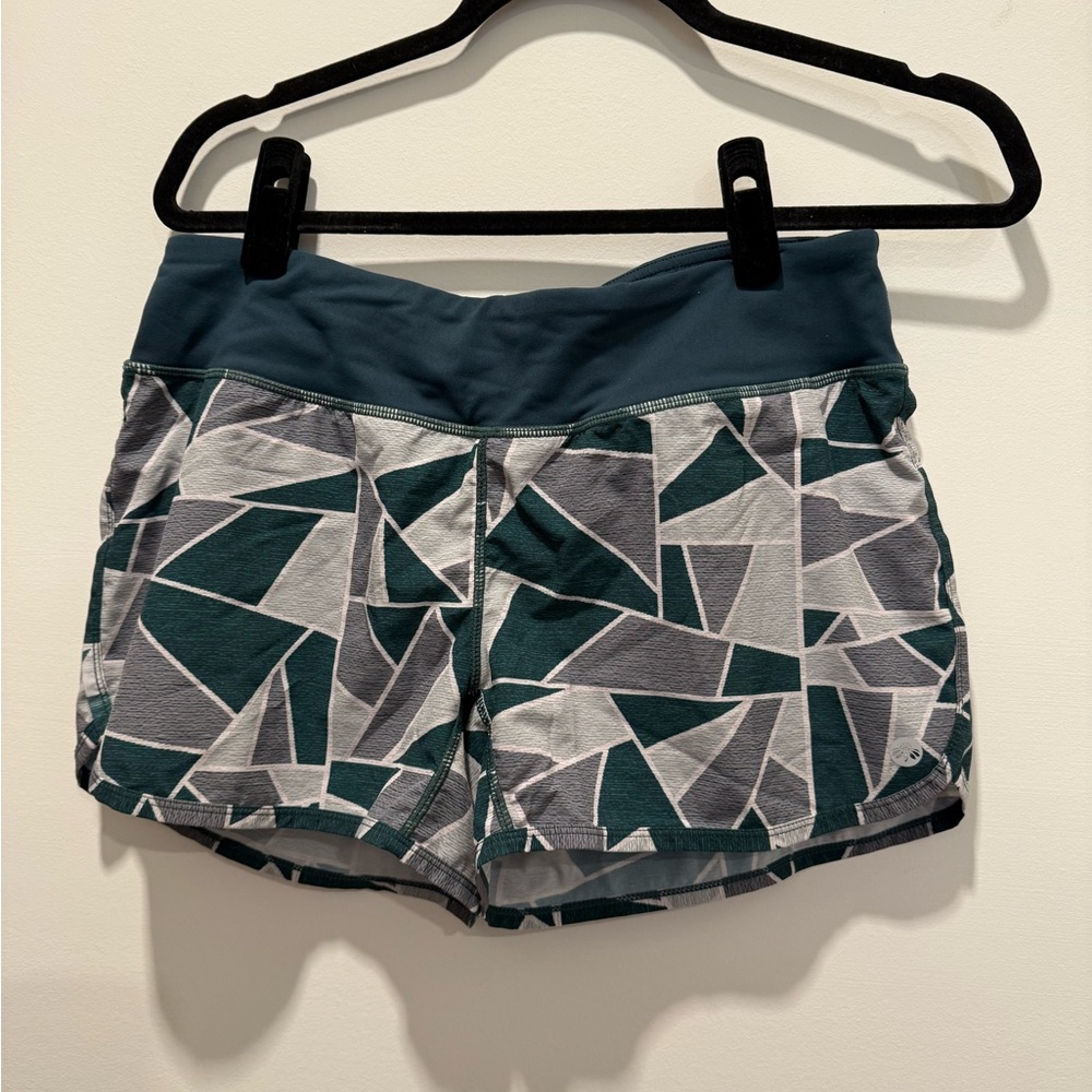 Senita Athletics Green and Gray Athletic Shorts with Geometric Design